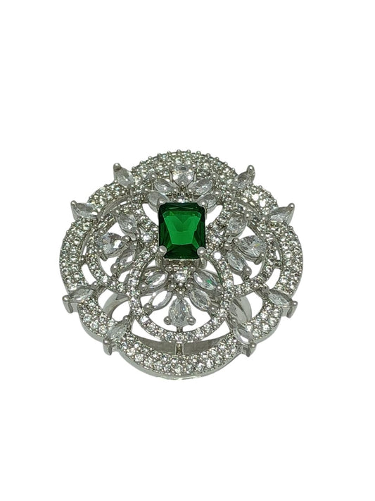 GREEN SILVER-PLATED FLOWER SHAP ADJUSTABLE FINGER RINGS