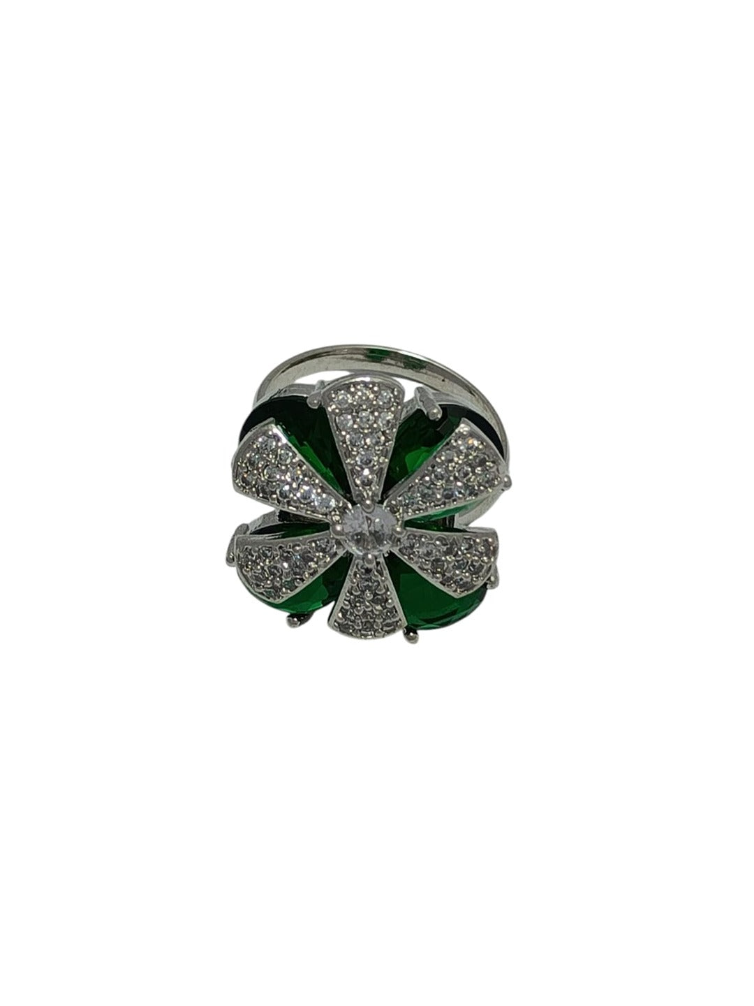 Modern Emerald-Tone Zircon and American Diamond Petal Statement Ring