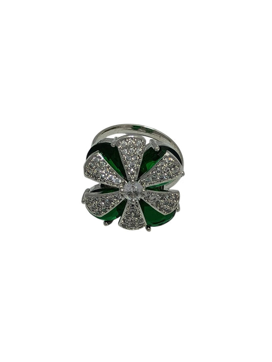 Modern Emerald-Tone Zircon and American Diamond Petal Statement Ring