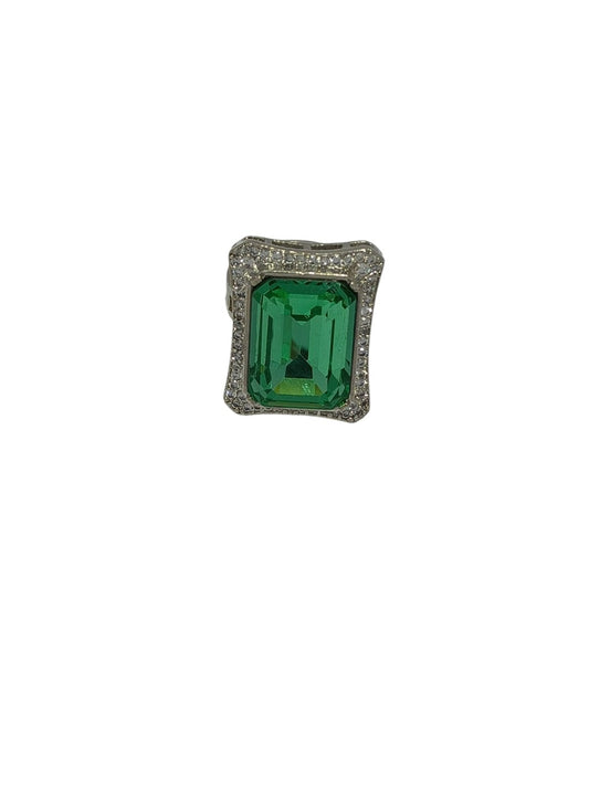 Modern Rectangular Emerald-Tone AD and Crystal Halo Statement Ring