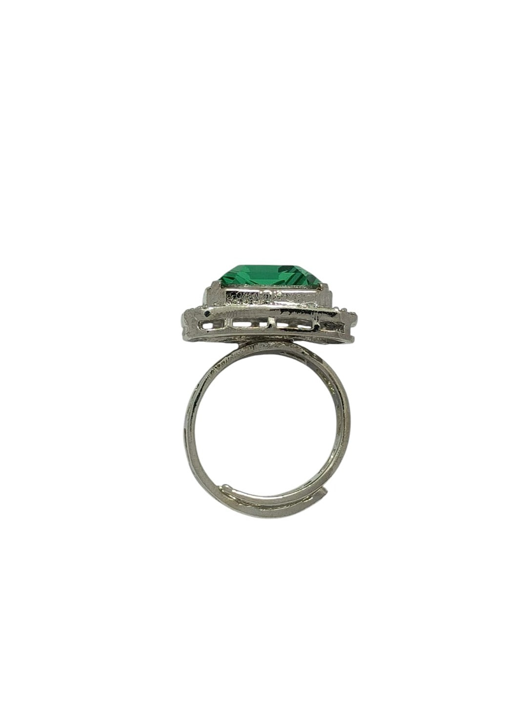 Modern Rectangular Emerald-Tone AD and Crystal Halo Statement Ring