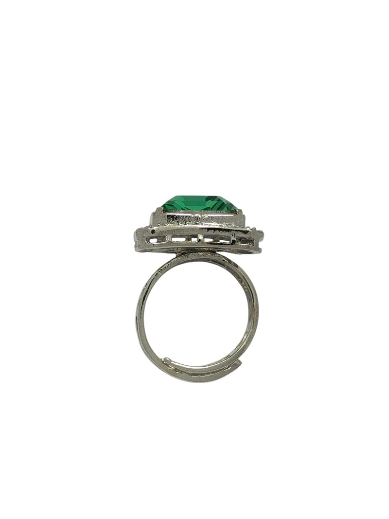 Modern Rectangular Emerald-Tone AD and Crystal Halo Statement Ring