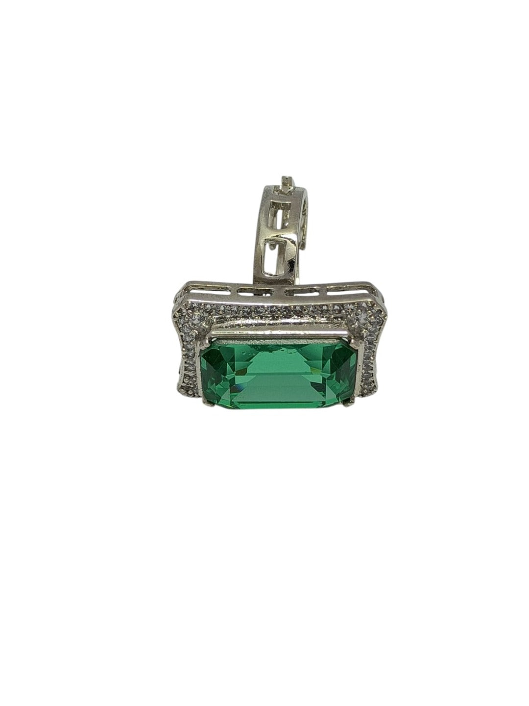 Modern Rectangular Emerald-Tone AD and Crystal Halo Statement Ring