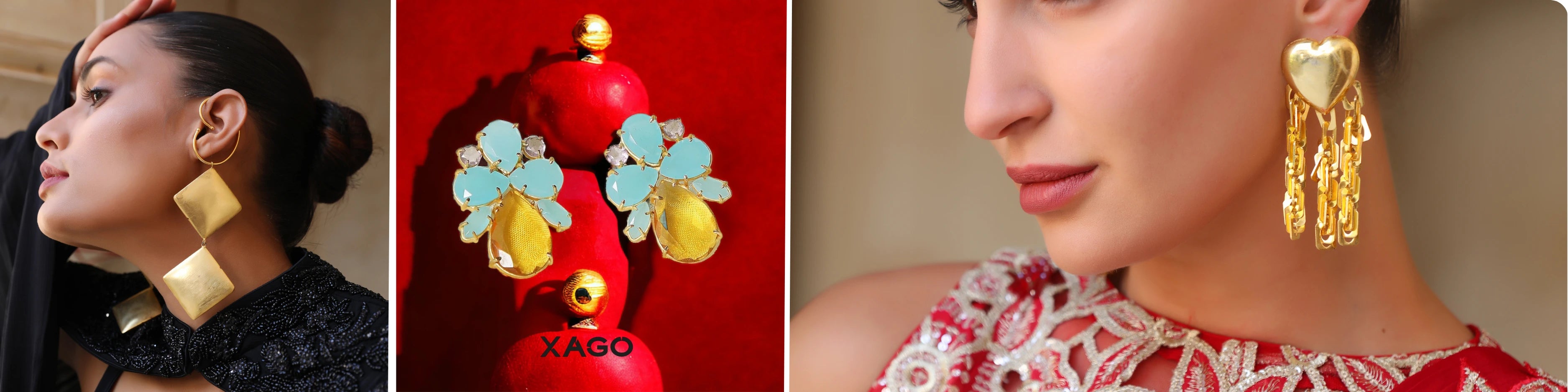 Three images showcasing earrings: a close-up of an earring, a pair of earrings on a red background, and another close-up of an earring.