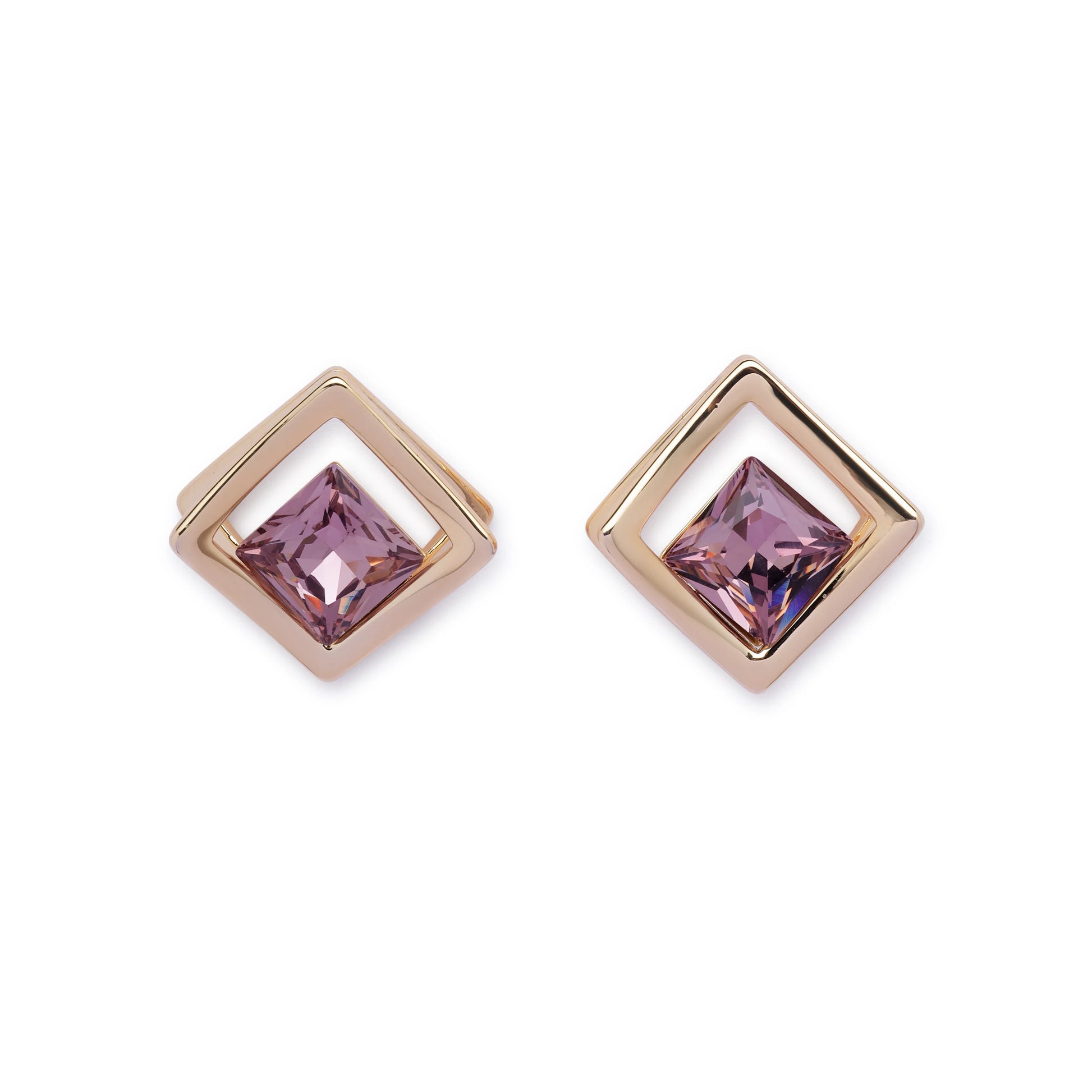 Front view of Amethyst Prism stud earrings with amethyst crystal