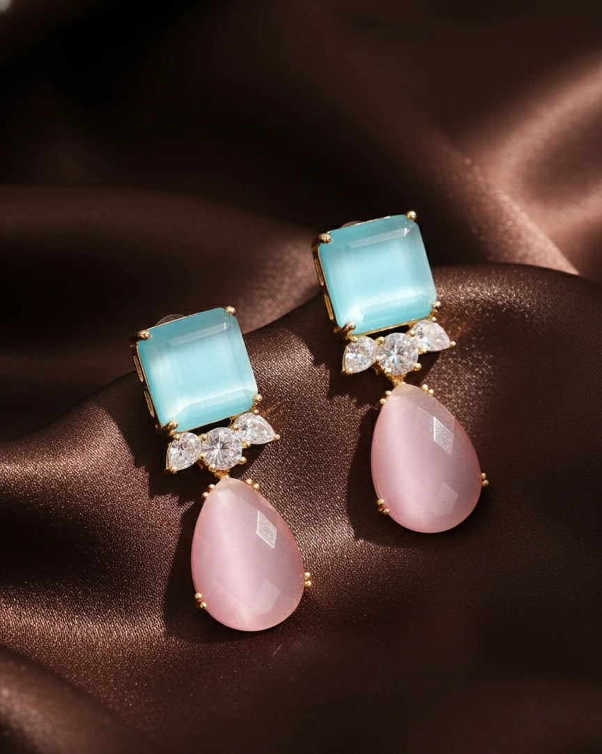 Aqua Rosé Cascade Earrings with aqua stone, blush pink drop and crystal detailing by XAGO
