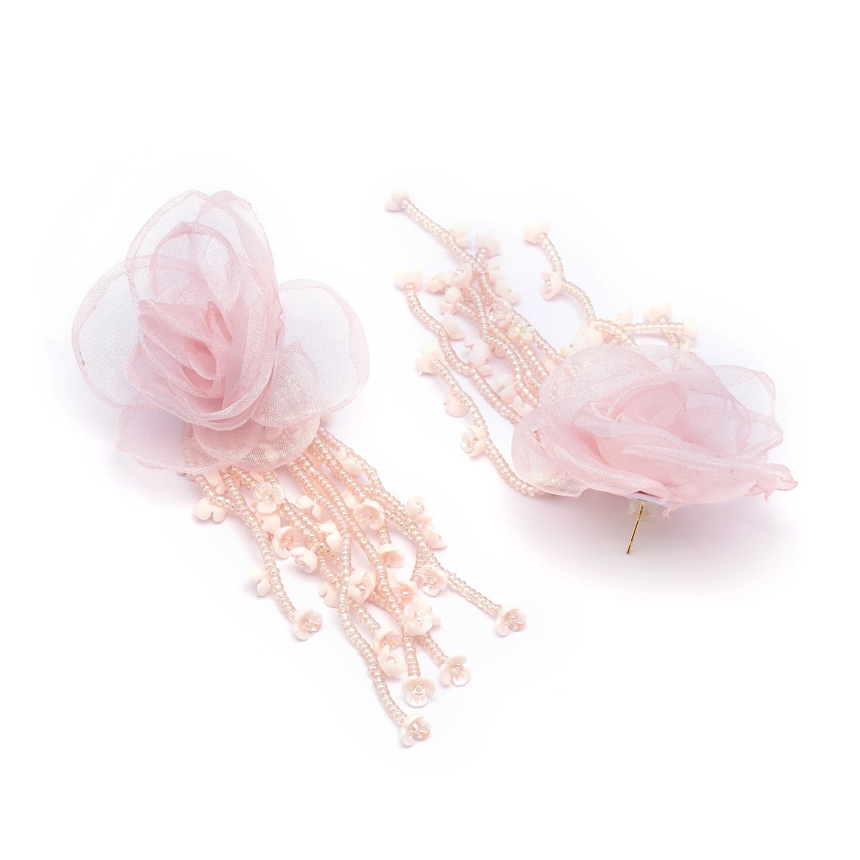 Back view of blush cascade earrings showing post and pearl cascade detailing