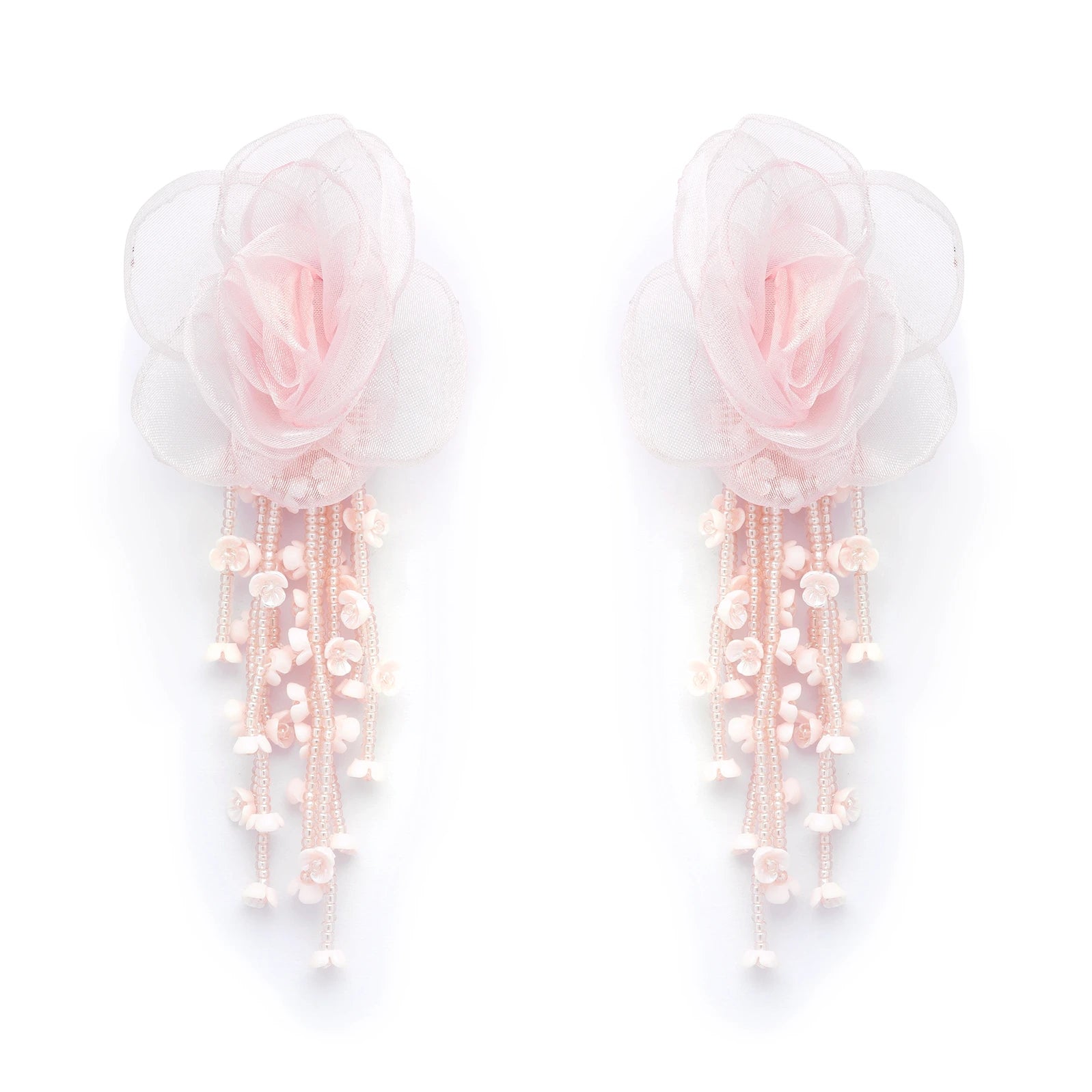 Pair of blush cascade pink floral pearl drop statement earrings