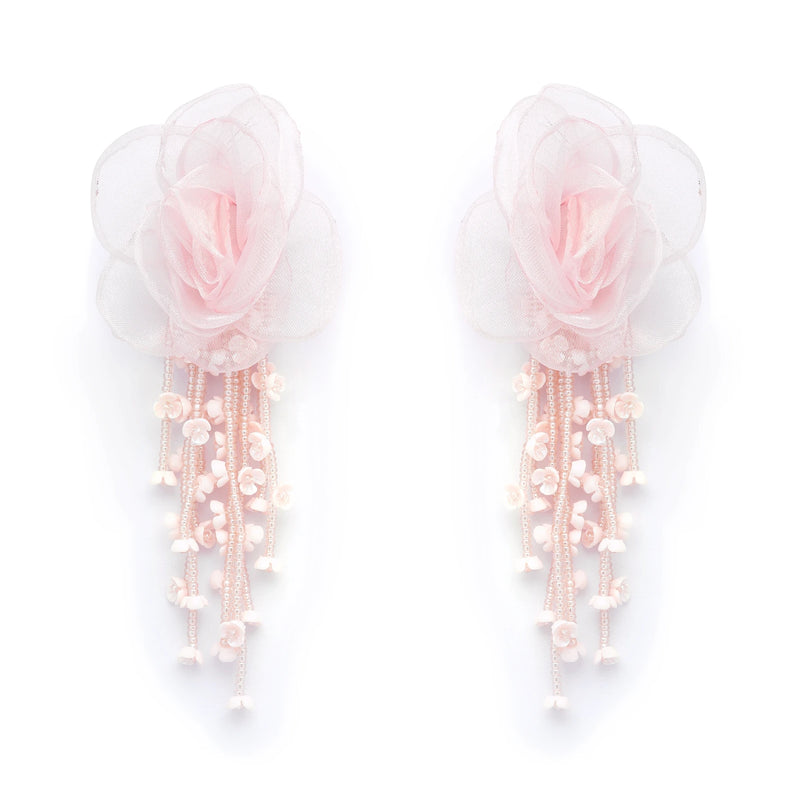 Pair of blush cascade pink floral pearl drop statement earrings