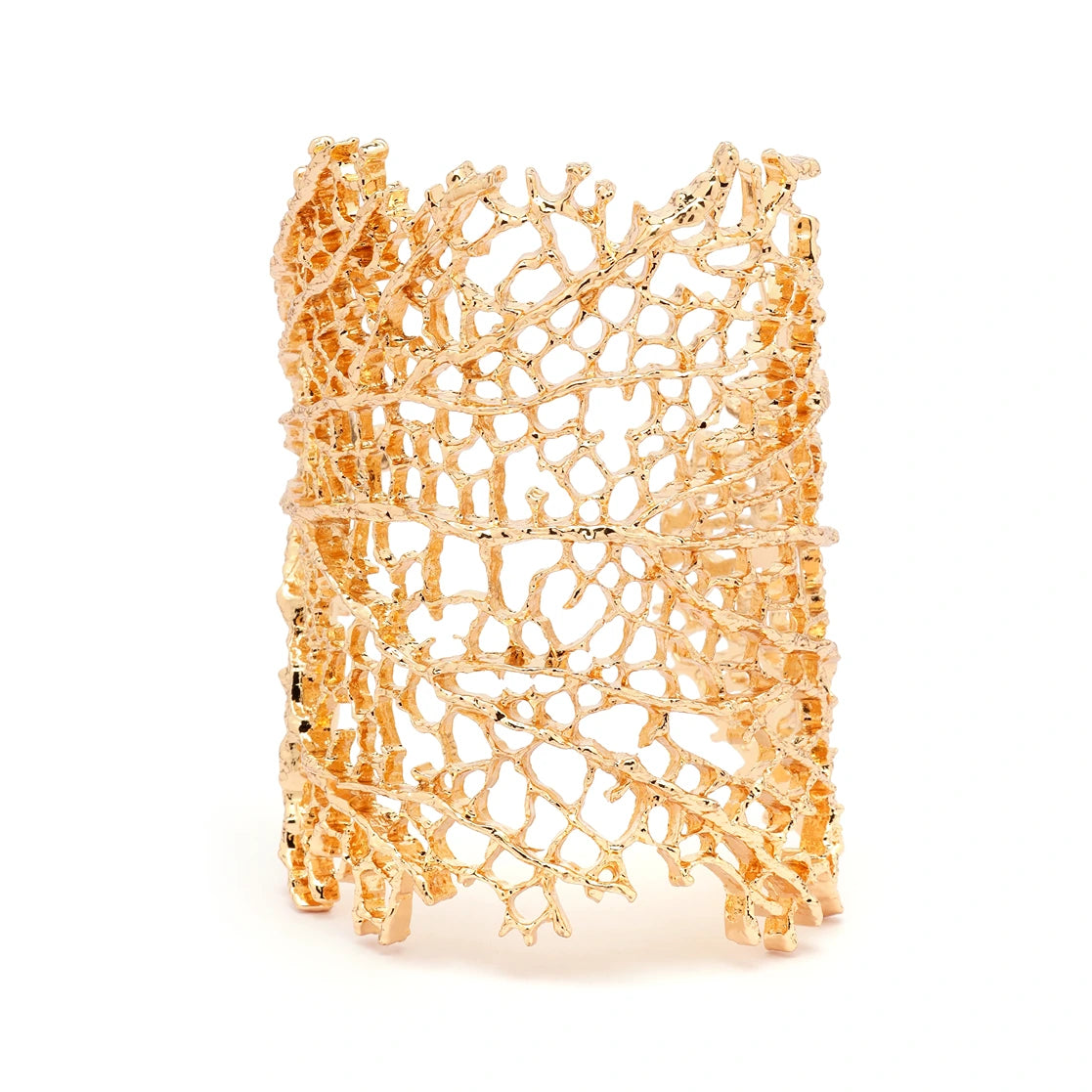 Front view of Coral Reef gold cuff bracelet with coral-inspired design
