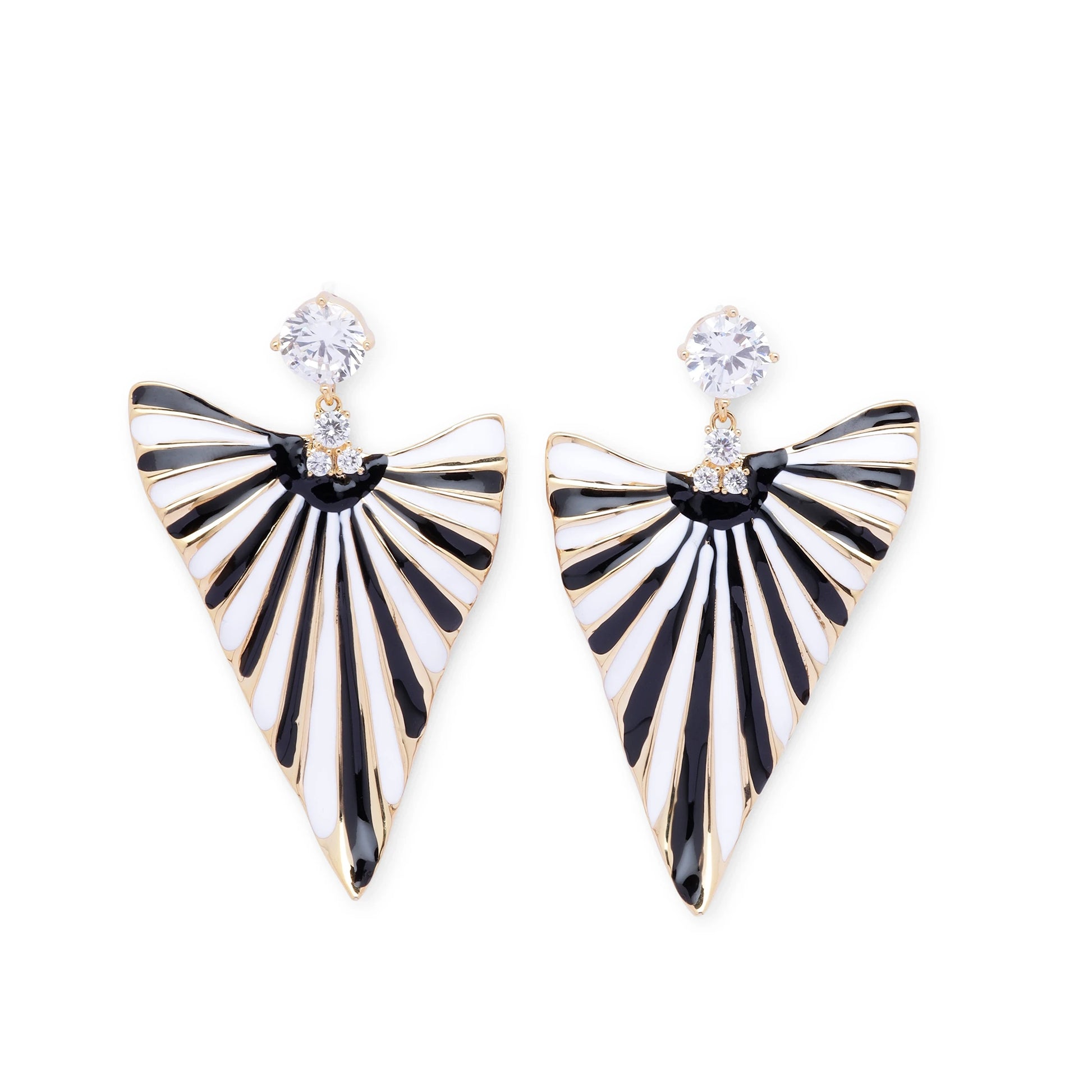 Front view of Eclipse Fan earrings with fan-shaped enamel design