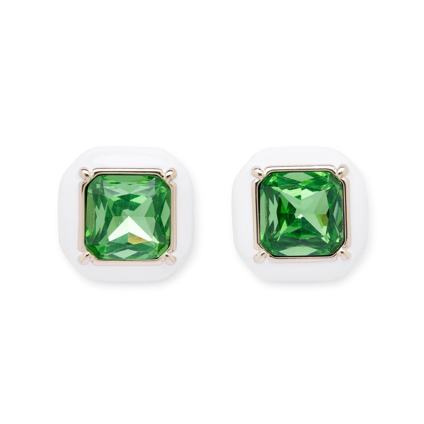 Emerald Frost cushion cut green crystal earrings flat lay