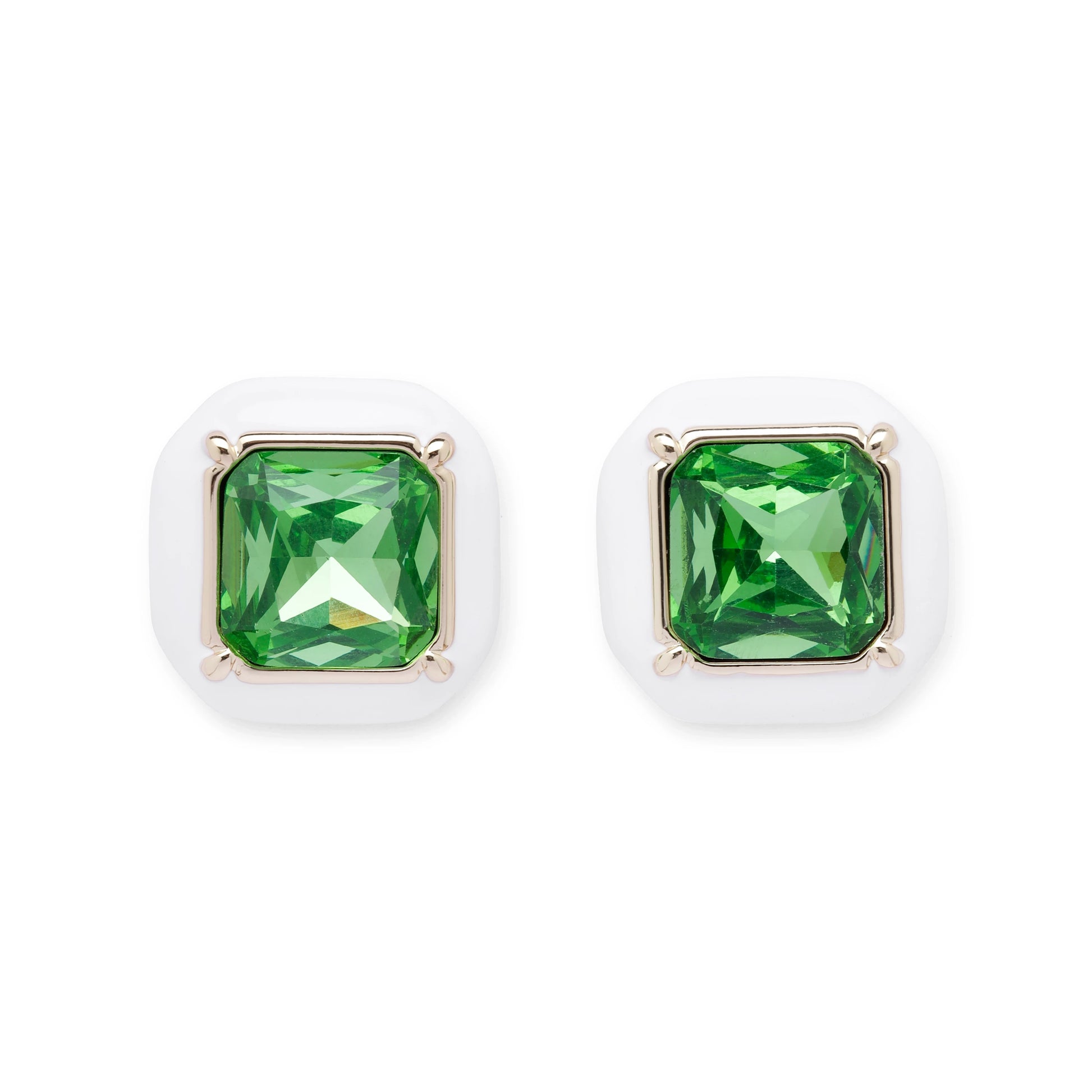 Emerald Frost cushion cut green crystal earrings flat lay