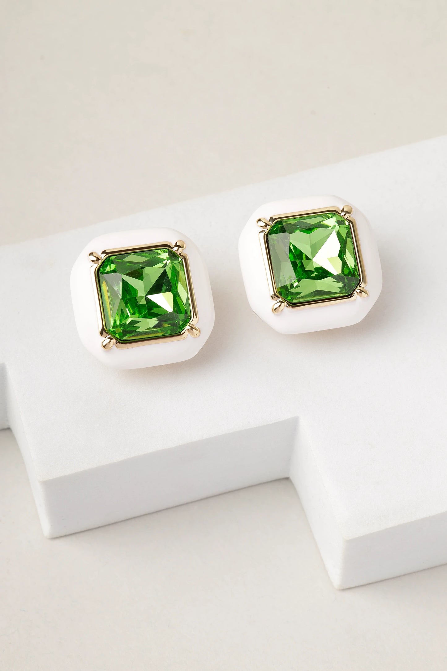 Front view of Emerald Frost green crystal stud earrings