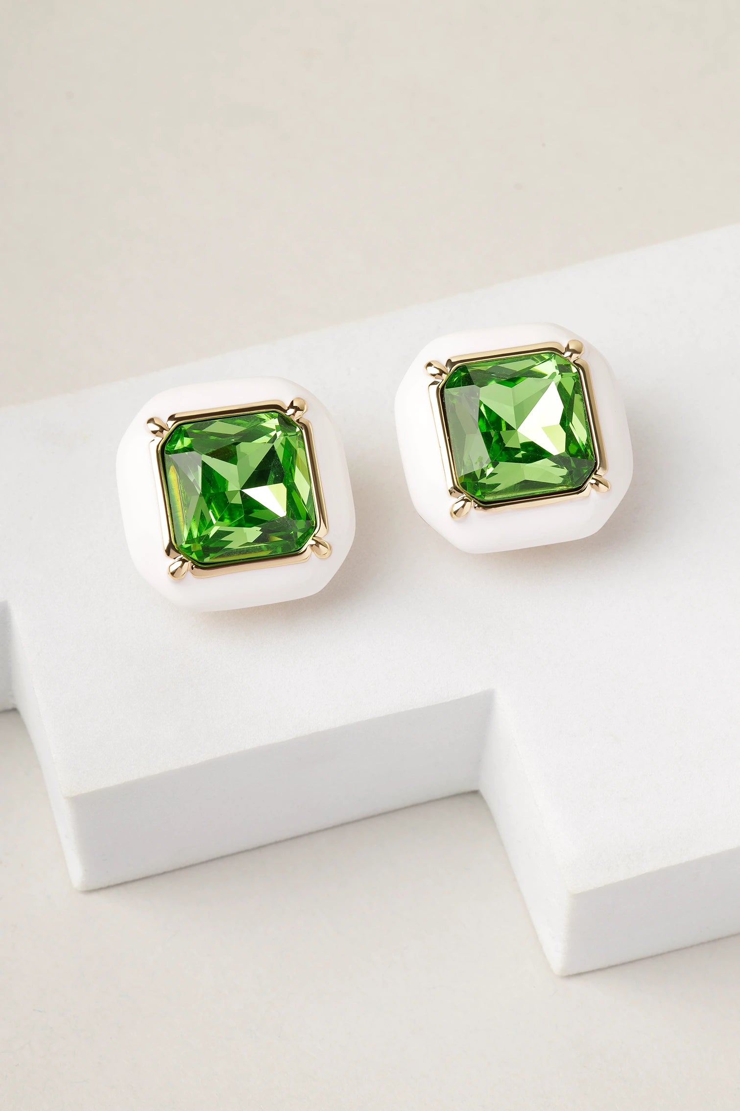 Front view of Emerald Frost green crystal stud earrings