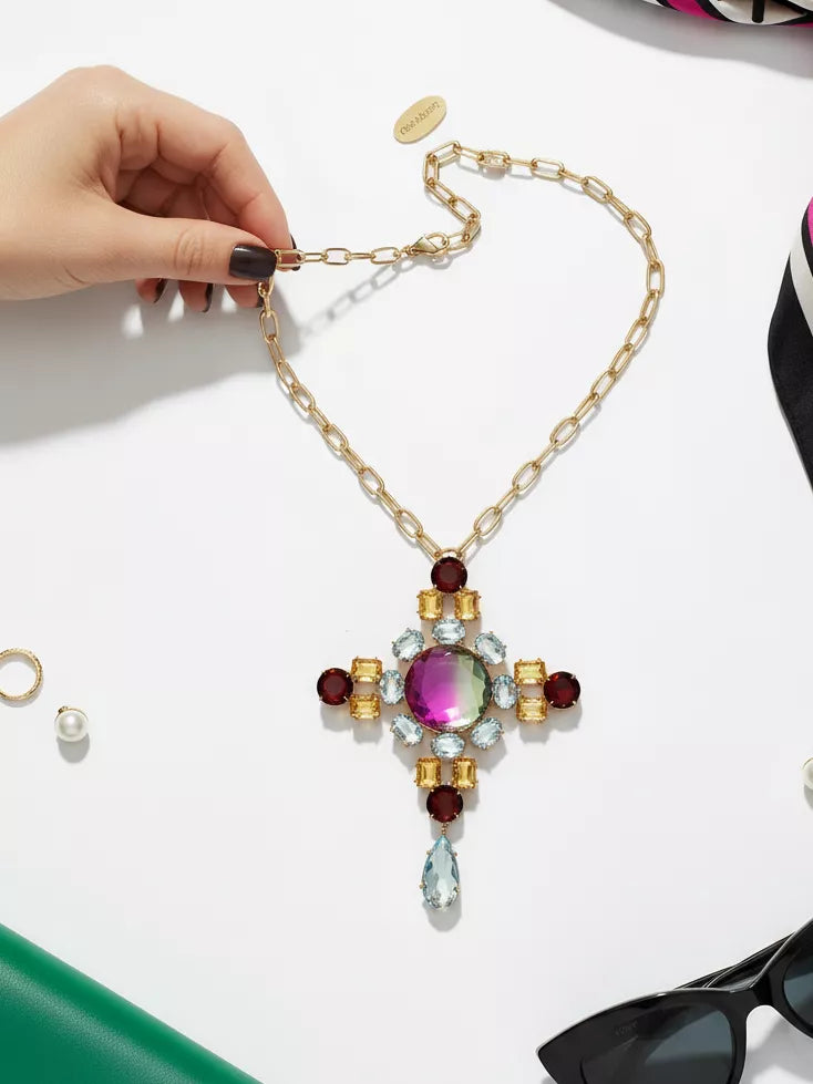 Xago Celestia Gemstone Pendant Necklace | Multi-Stone Statement Necklace with Hydro Garnet, Citrine & Aqua Blue Topaz