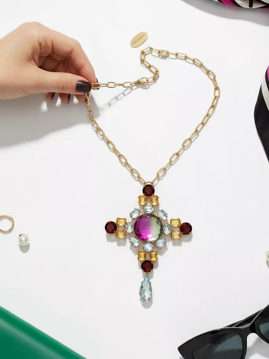 Xago Celestia Gemstone Pendant Necklace | Multi-Stone Statement Necklace with Hydro Garnet, Citrine & Aqua Blue Topaz