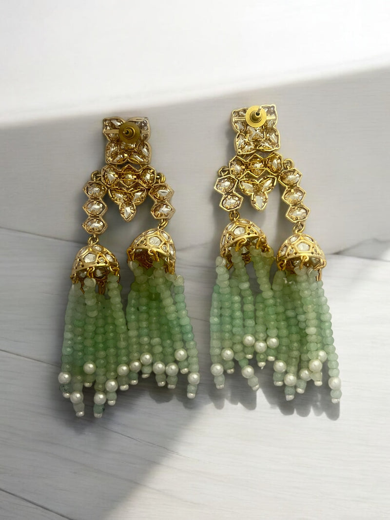 LE YUVAN MINT GREEN BEADS, MOISSANITE STUDDED EARRINGS jewellery in 24K gold plating | XAGO Luxe