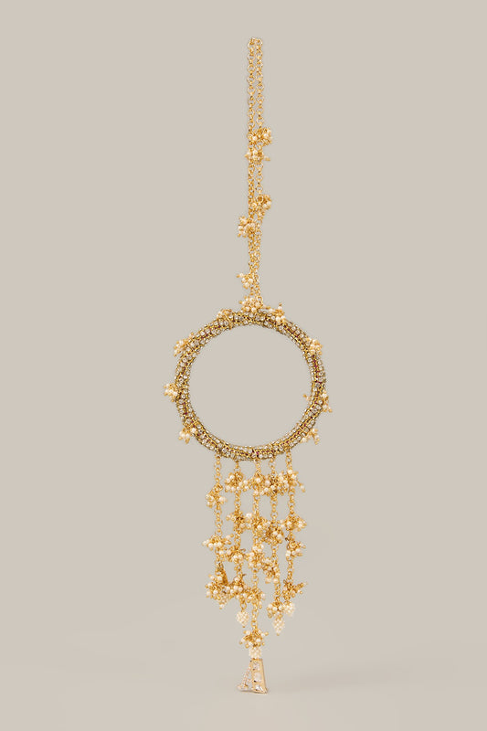 Saanvika Lumba – Polki Monogram Lumba with Pearl Motifs in 22K gold-plated brass by XAGO, view 2 of 2