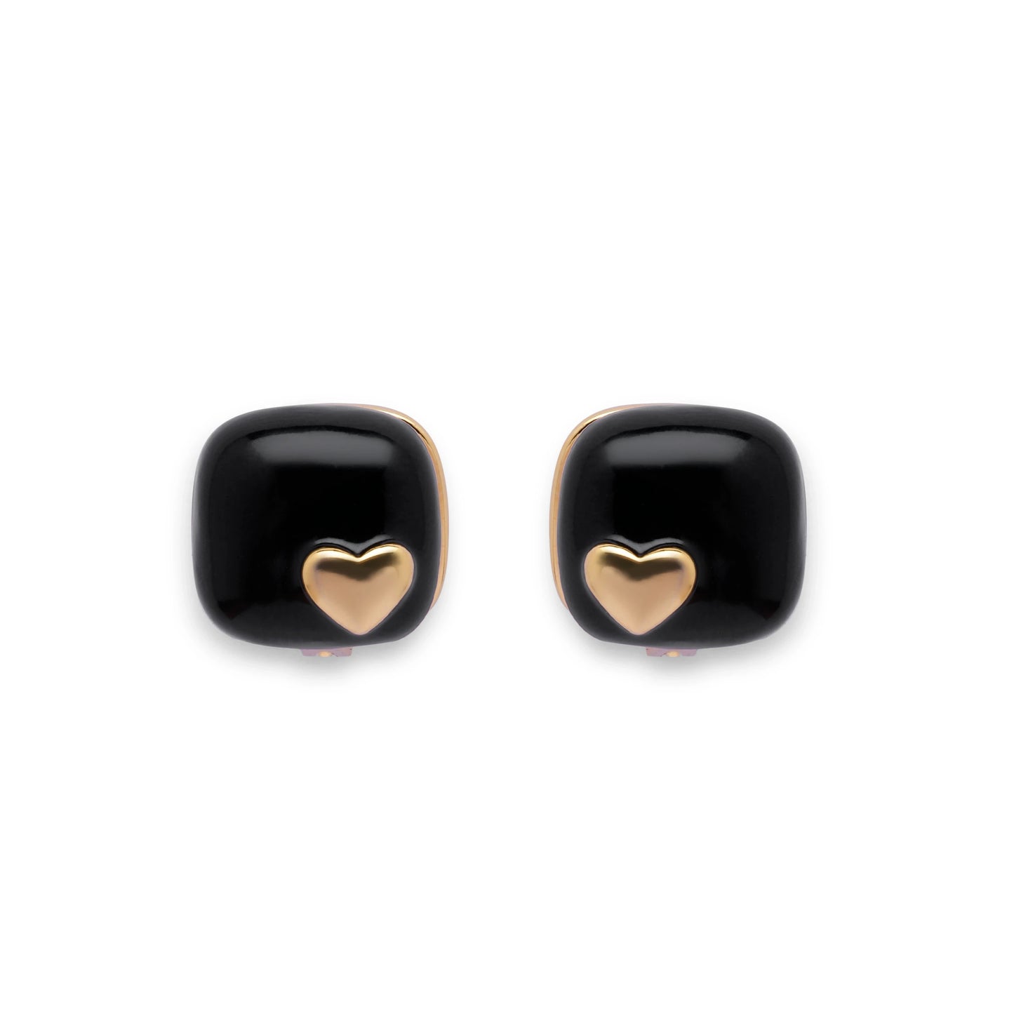 Pair of Noir Heart black enamel stud earrings with gold heart