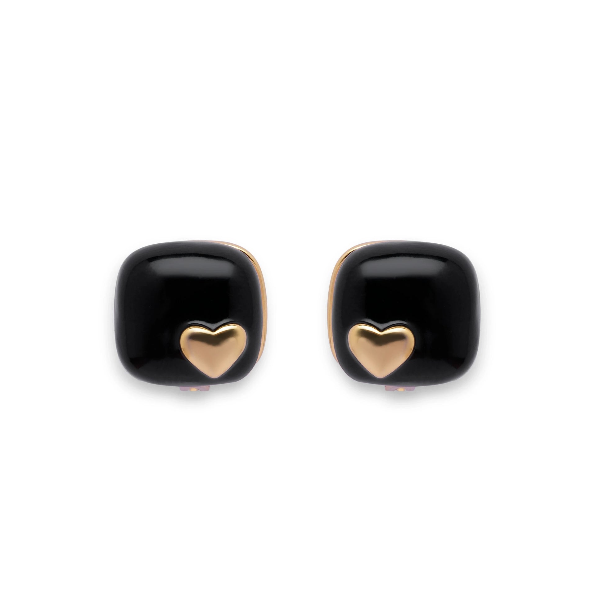 Pair of Noir Heart black enamel stud earrings with gold heart