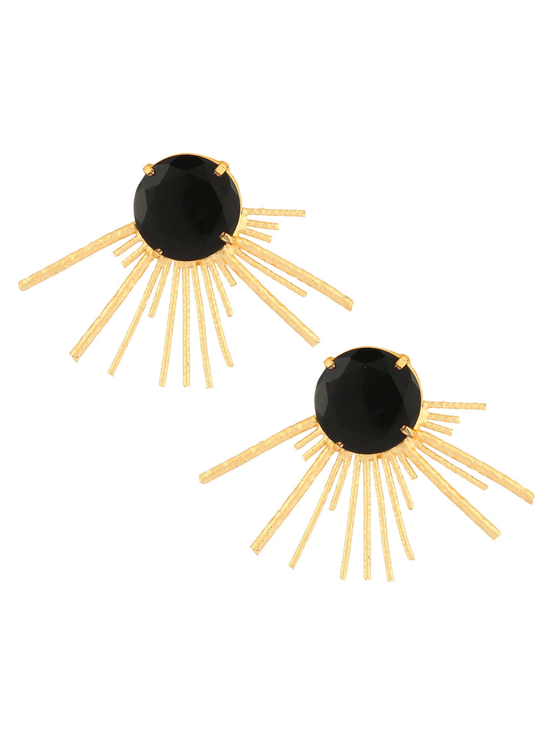 Front view of black onyx gold finish statement stud earrings