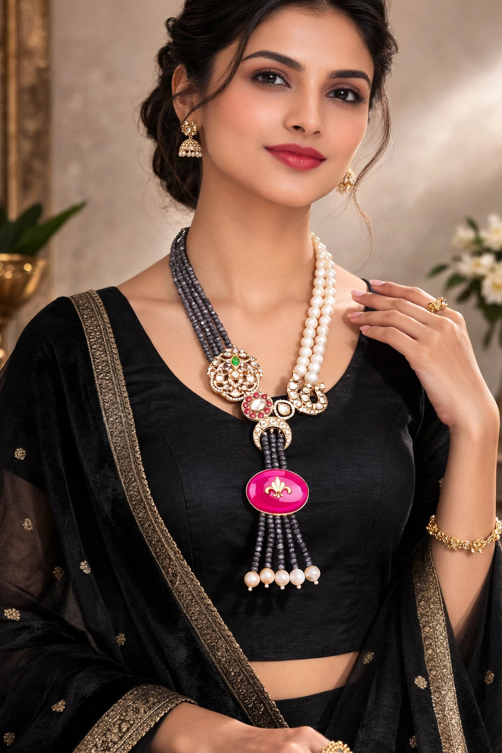 Rani Fleur Pink Agate Pearl Statement Necklace