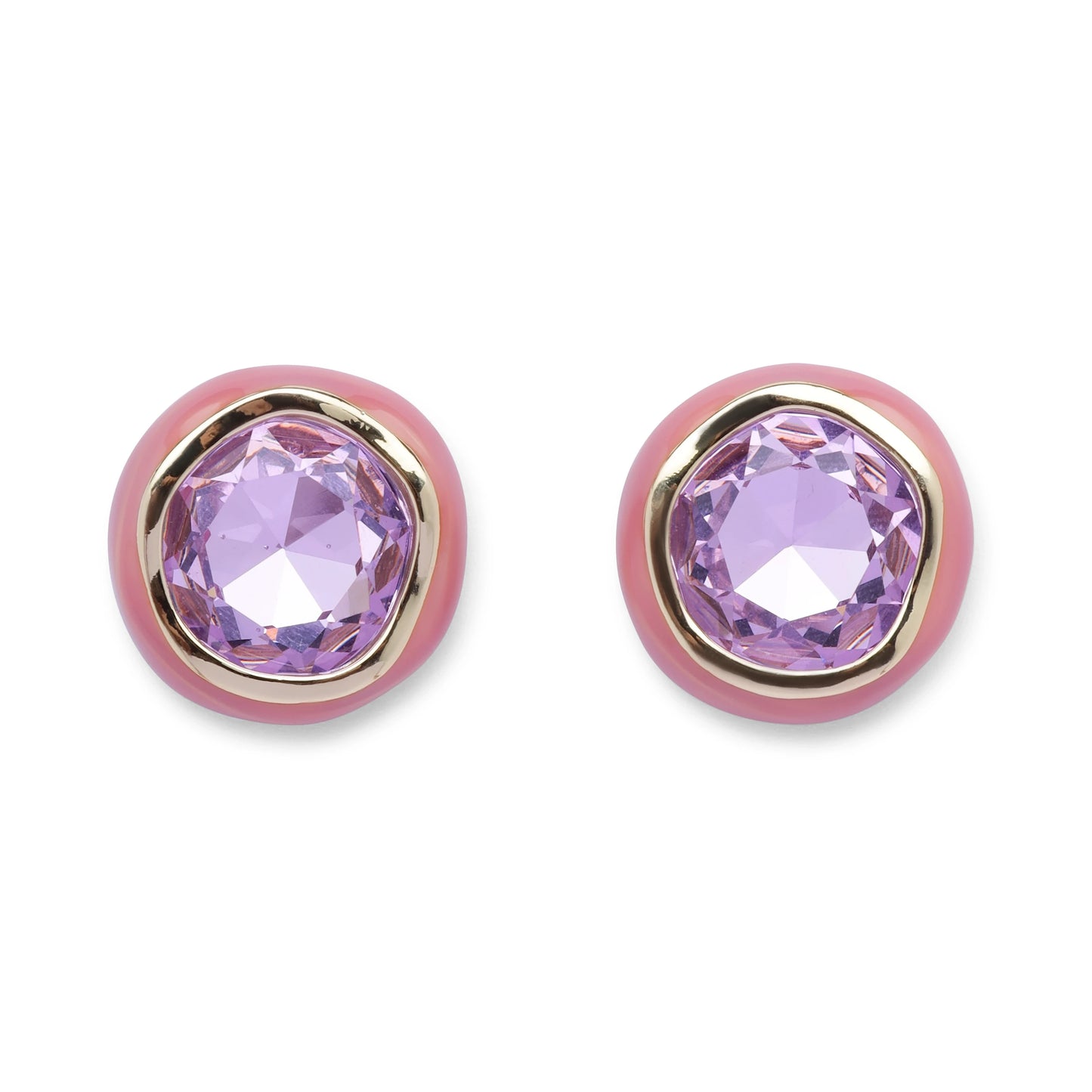Front view of Rosé Amethyst stud earrings with faceted amethyst stone