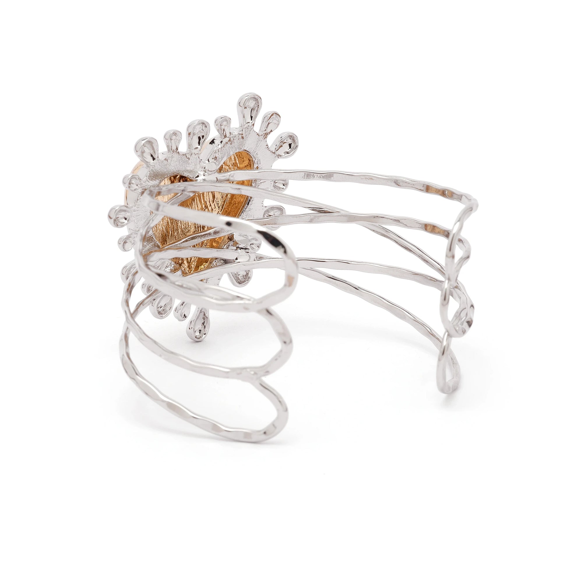 Back and side view of Sacred Heart cuff showing open adjustable design