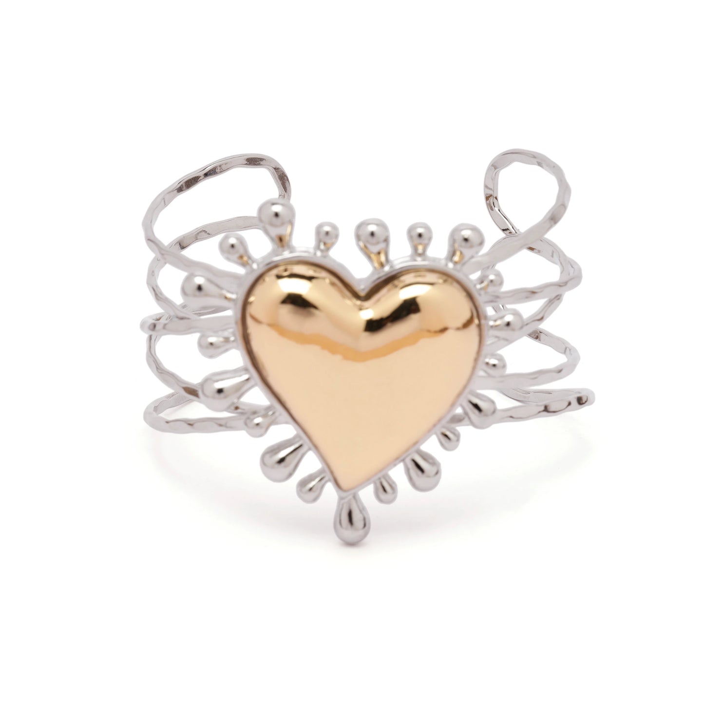 Front view of Sacred Heart cuff with gold heart and silver rays