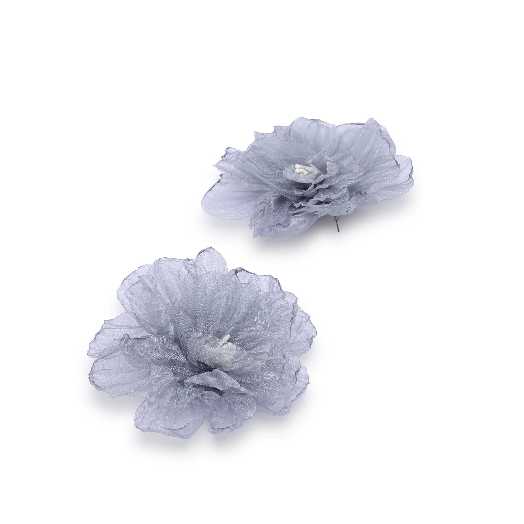Silver mist floral earrings made with grey organza petals on white background