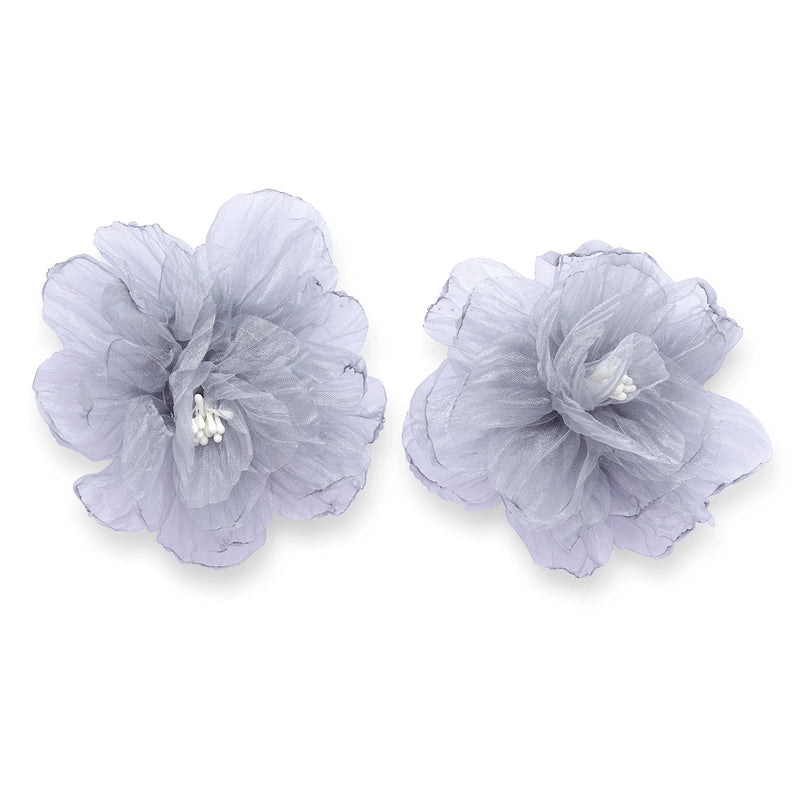Pair of silver mist grey organza floral statement earrings
