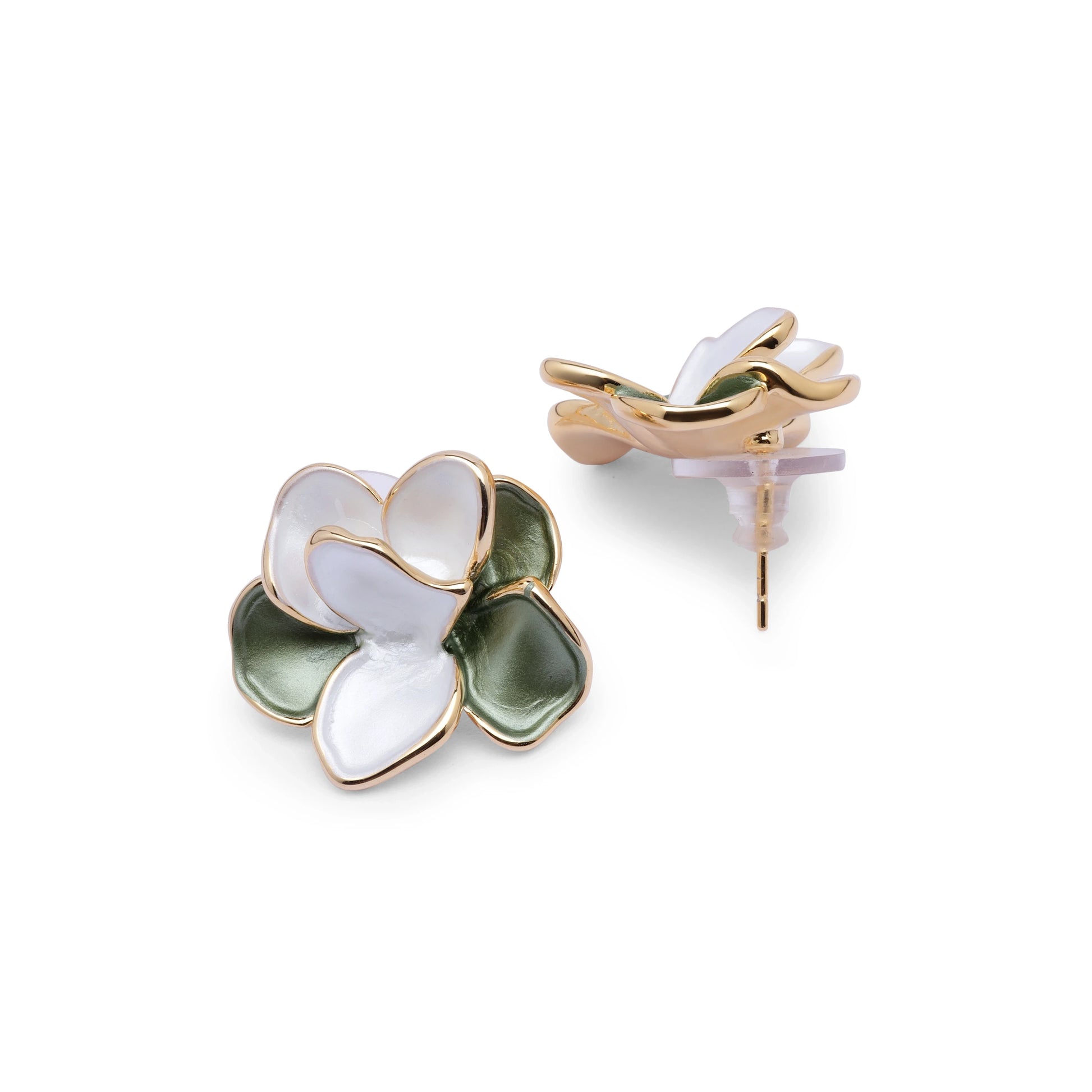 Back view of verdant bloom stud earrings showing gold post and backing