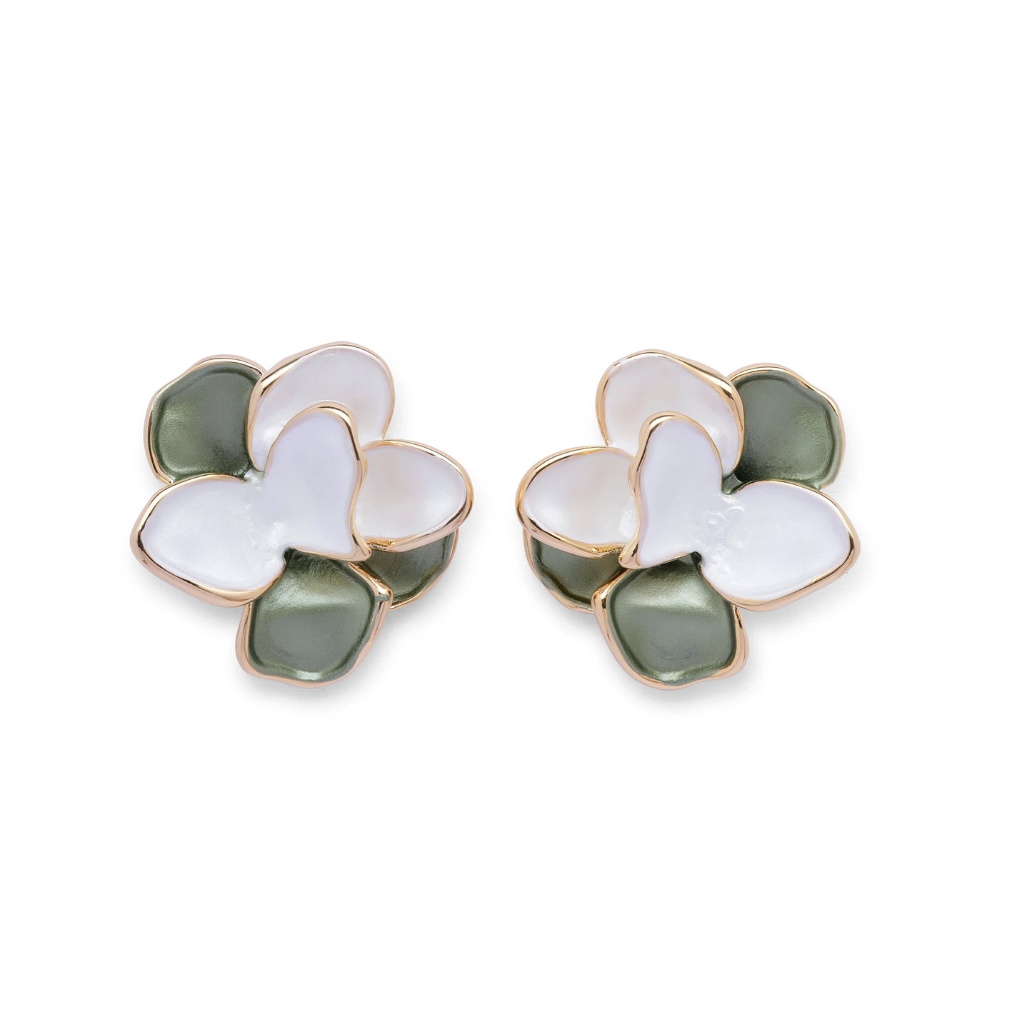 Verdant Bloom Studs Green & White Enamel Floral Gold Earrings