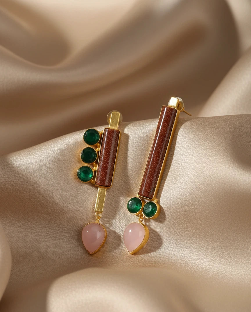 Solara Prism Drop Earrings in Sunstone, Rose Quartz & Green Onyx