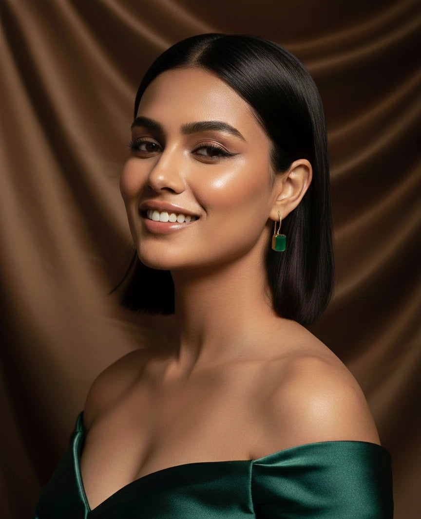 Modern green onyx earrings styled for evening wear