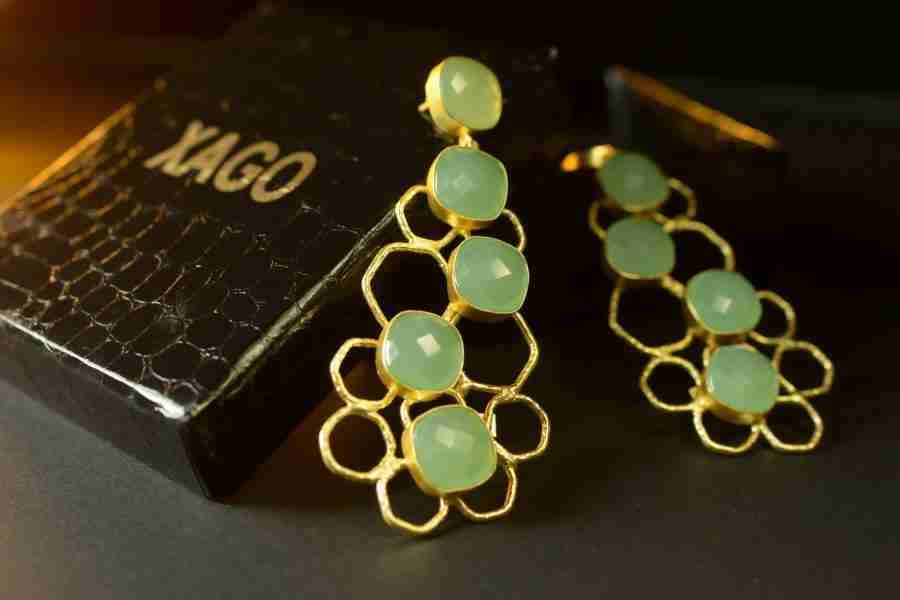 NOAH GOLD PLATED ROSE CUT AQUA CHALCEDONY CONTEMPORARY  DROP EARRINGS