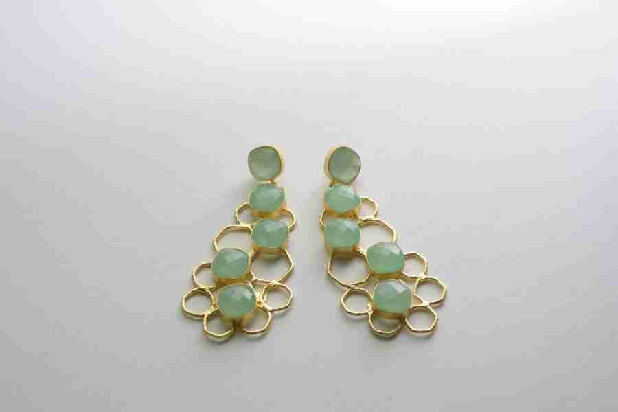 NOAH GOLD PLATED ROSE CUT AQUA CHALCEDONY CONTEMPORARY  DROP EARRINGS - Image 2