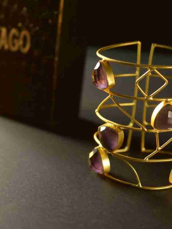 XAGO Gold Toned Amethyst cuff bracelet,Amethyst cuff bangle,Amethyst bracelet,Amethyst jewellery