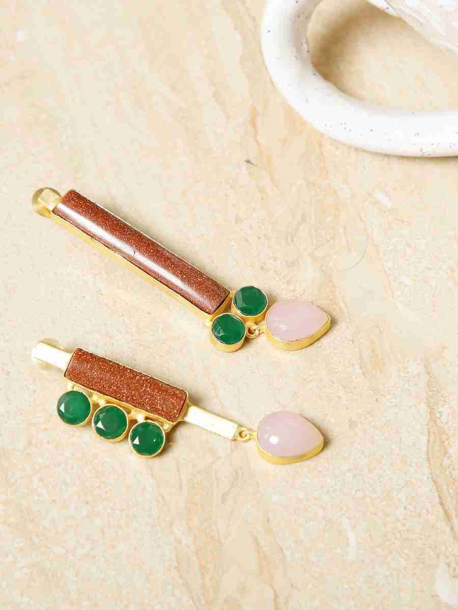 REGINA  SUNSTONE, ROSE QUARTZ  AND GREEN ONYX  ASYMMETRIC EARRINGS - Image 2