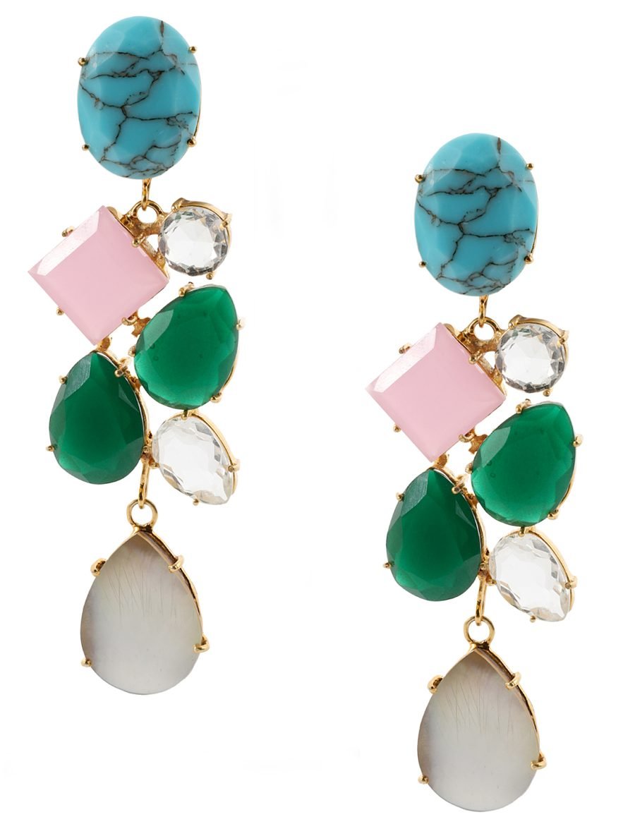 LYDIA TURQUOISE, ROSE QUARTZ AND GREEN ONYX & MOTHER OF PEARL CONVERT EARRING - Image 2