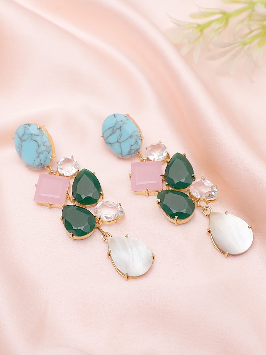 LYDIA TURQUOISE, ROSE QUARTZ AND GREEN ONYX & MOTHER OF PEARL CONVERT EARRING - Image 3