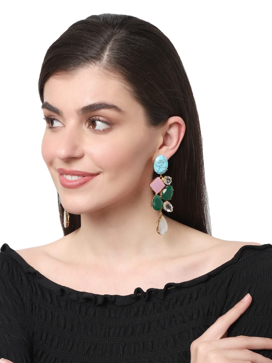 LYDIA TURQUOISE, ROSE QUARTZ AND GREEN ONYX & MOTHER OF PEARL CONVERT EARRING