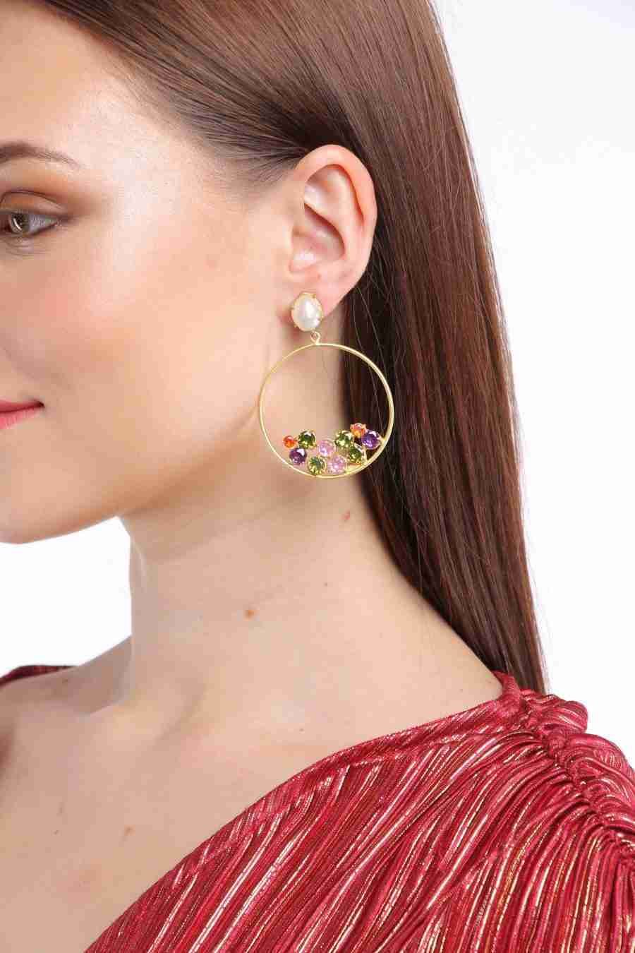 RAINA MULTI STONES AND PEARL HOOP EARRINGS