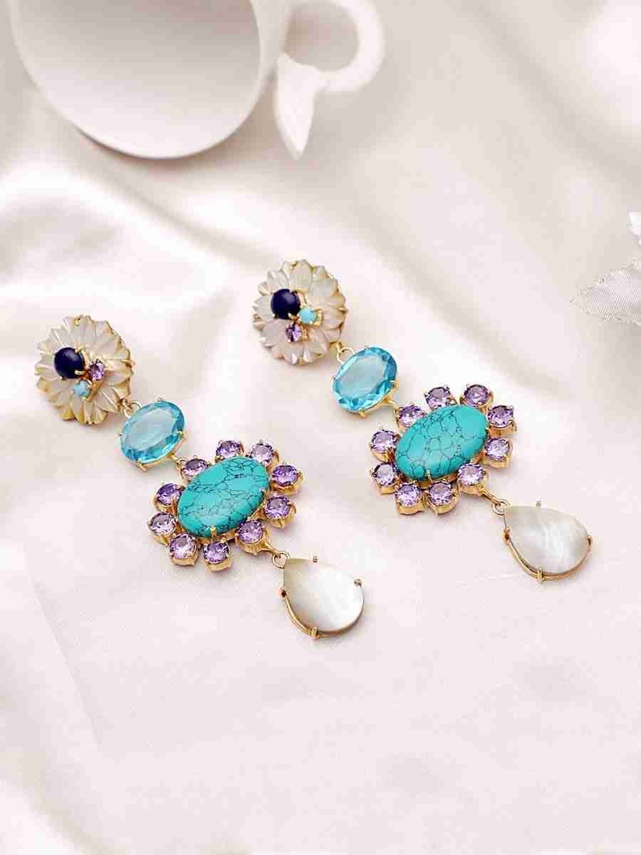 ODETTE MOTHER OF PEARL, TURQUOISE AMETHYST & BLUE QUARTZ CONVERT EARRINGS - Image 2