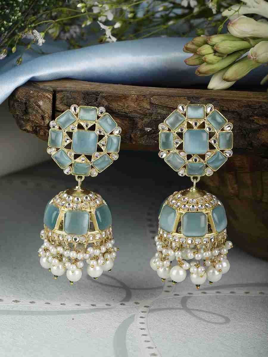 ASHNI BLUE MONALISA AND PEARL POLKI JHUMKA EARRINGS - Image 4