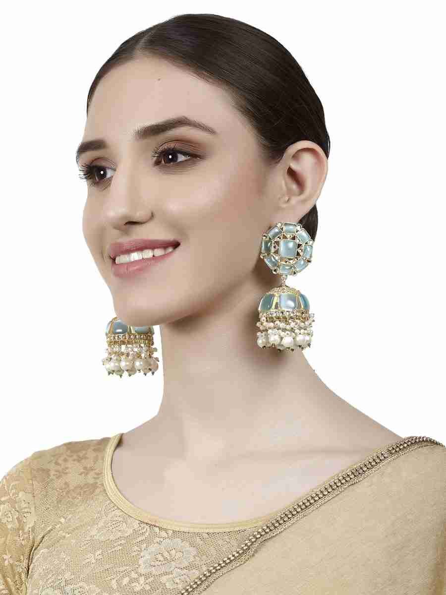 ASHNI BLUE MONALISA AND PEARL POLKI JHUMKA EARRINGS