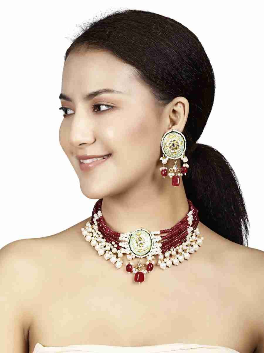 VRINDA MAROON BEADS & PEARLS KUNDAN NECKLACE SET