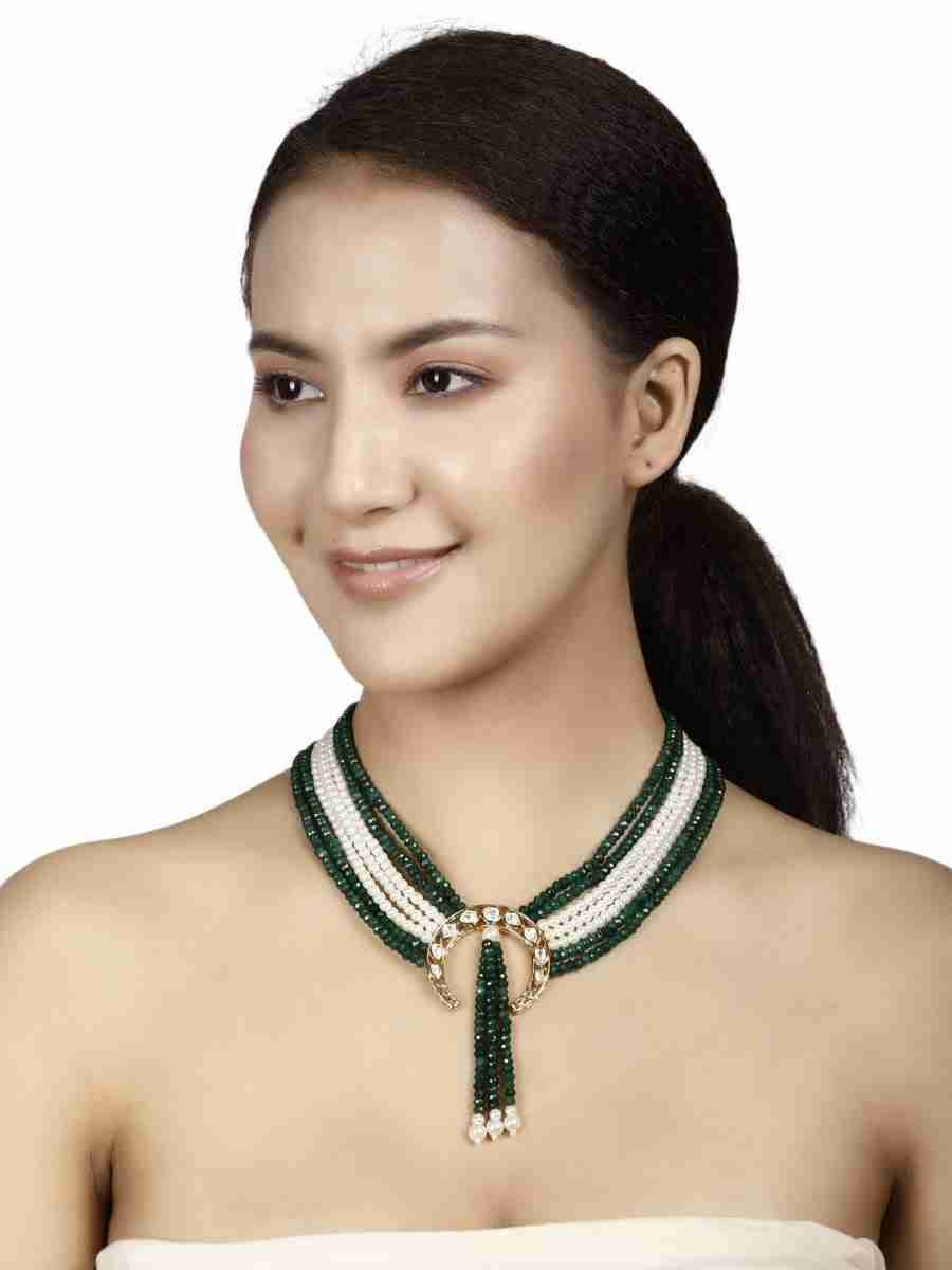 JASMIRA GREEN AND WHITE PEARLS KUNDAN NECKLACE SET