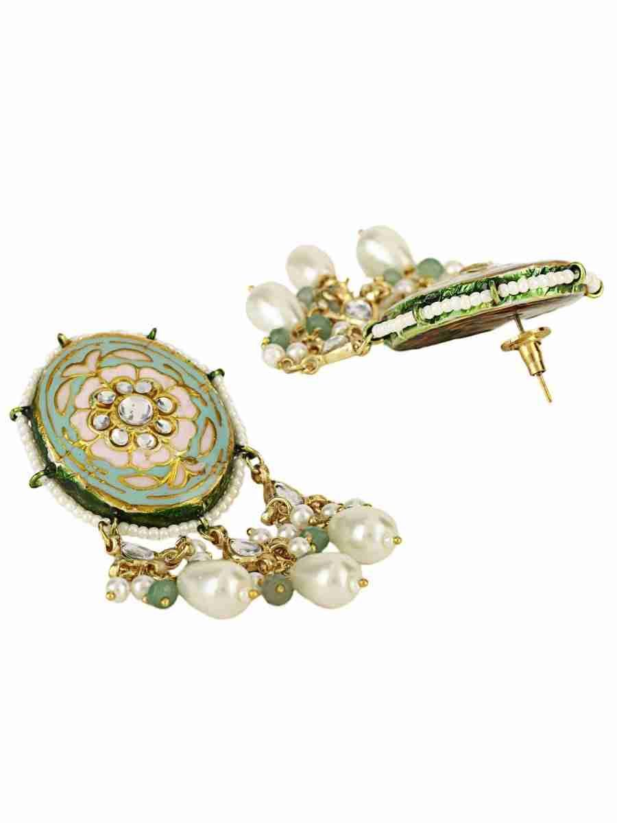 ELAXI GREEN AND PINK BEADS & WHITE PEARLS KUNDAN NECKLACE SET - Image 3